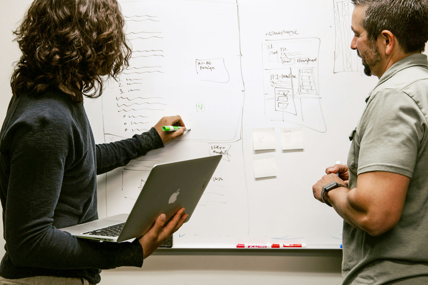 Strategists mapping a plan on a whiteboard