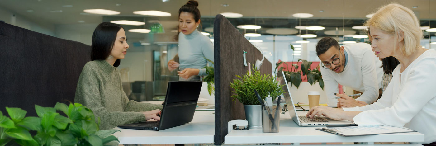 Diverse team collaborating in a modern office
